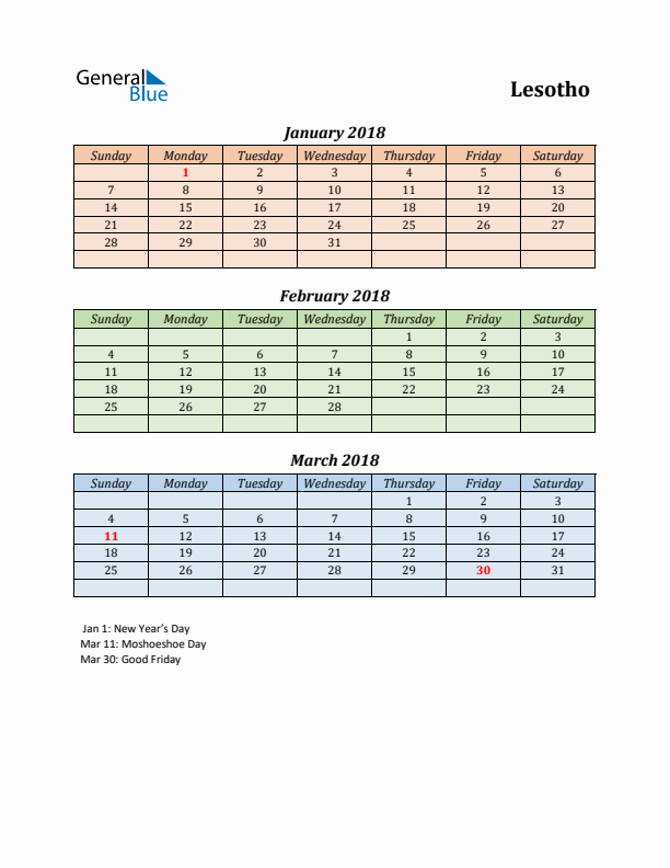 Q1 2018 Holiday Calendar - Lesotho