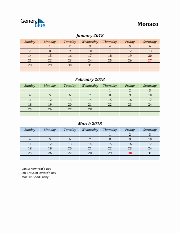 Q1 2018 Holiday Calendar - Monaco