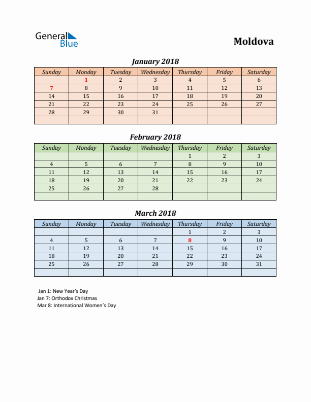 Q1 2018 Holiday Calendar - Moldova