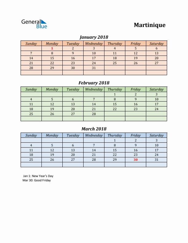 Q1 2018 Holiday Calendar - Martinique