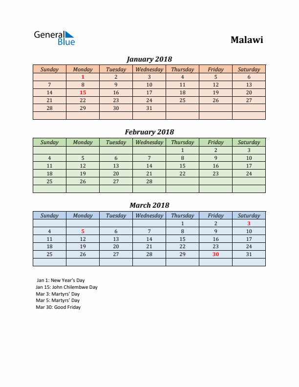 Q1 2018 Holiday Calendar - Malawi