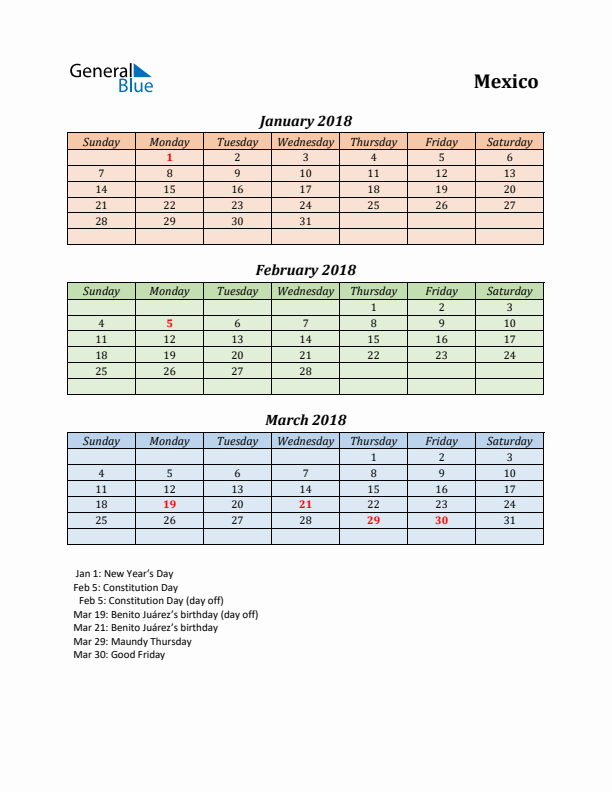 Q1 2018 Holiday Calendar - Mexico