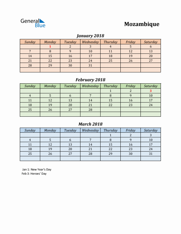 Q1 2018 Holiday Calendar - Mozambique