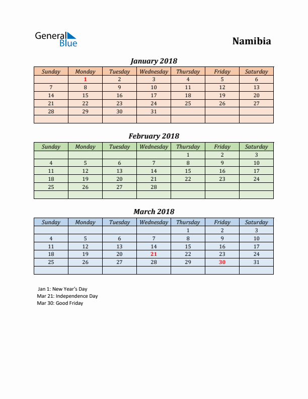 Q1 2018 Holiday Calendar - Namibia