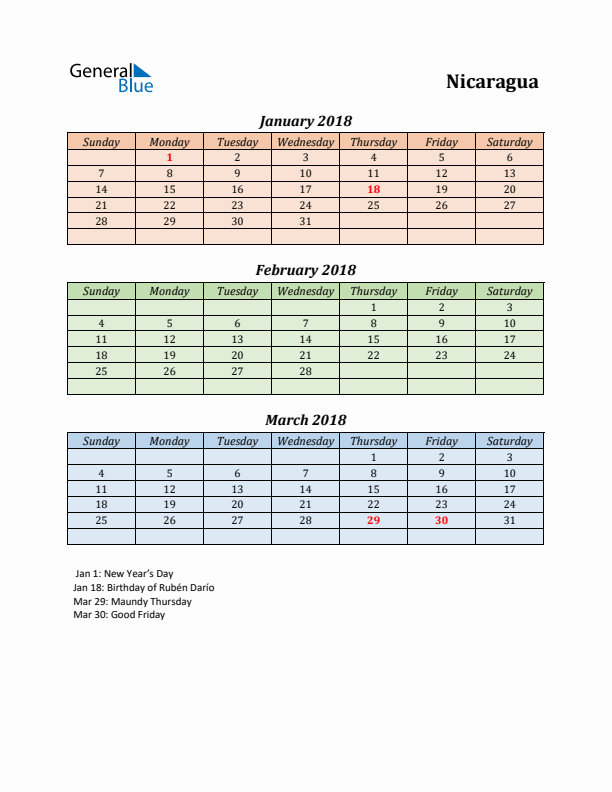 Q1 2018 Holiday Calendar - Nicaragua