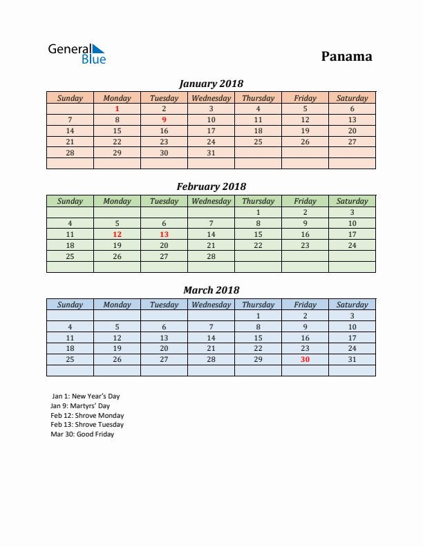 Q1 2018 Holiday Calendar - Panama