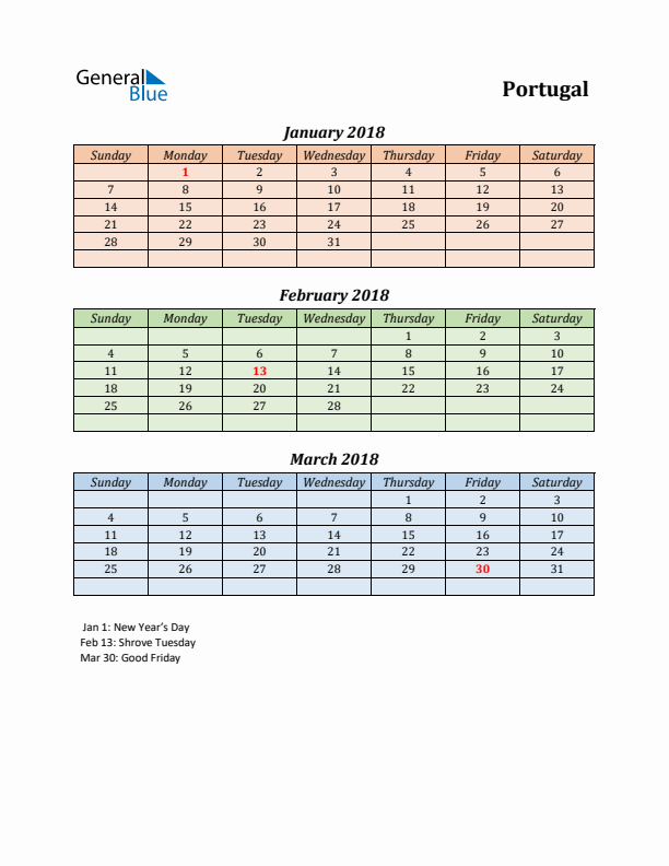 Q1 2018 Holiday Calendar - Portugal