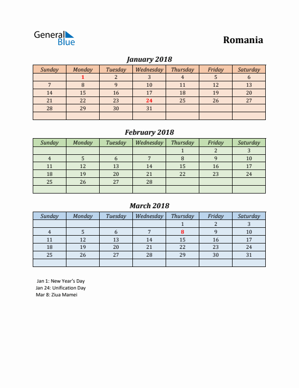 Q1 2018 Holiday Calendar - Romania