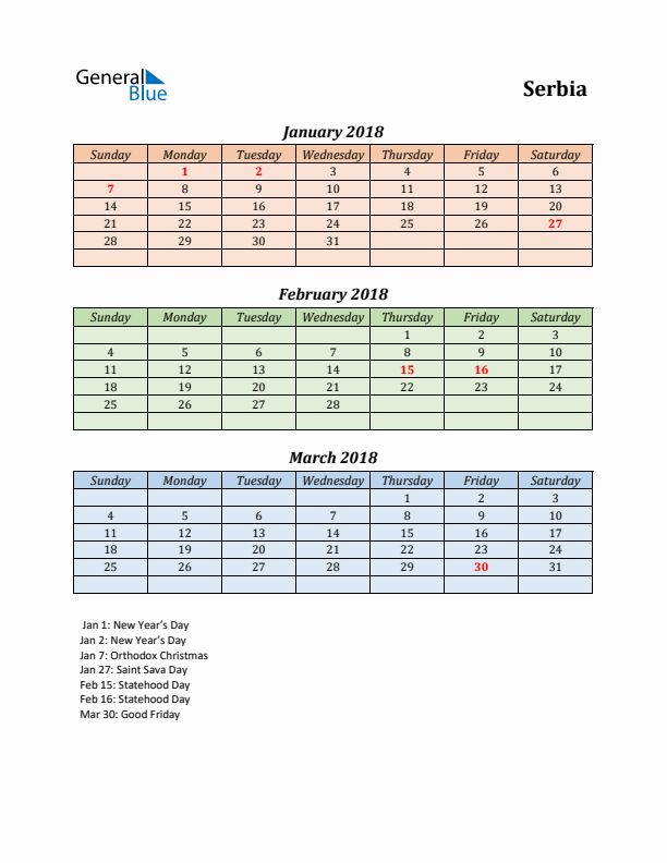 Q1 2018 Holiday Calendar - Serbia