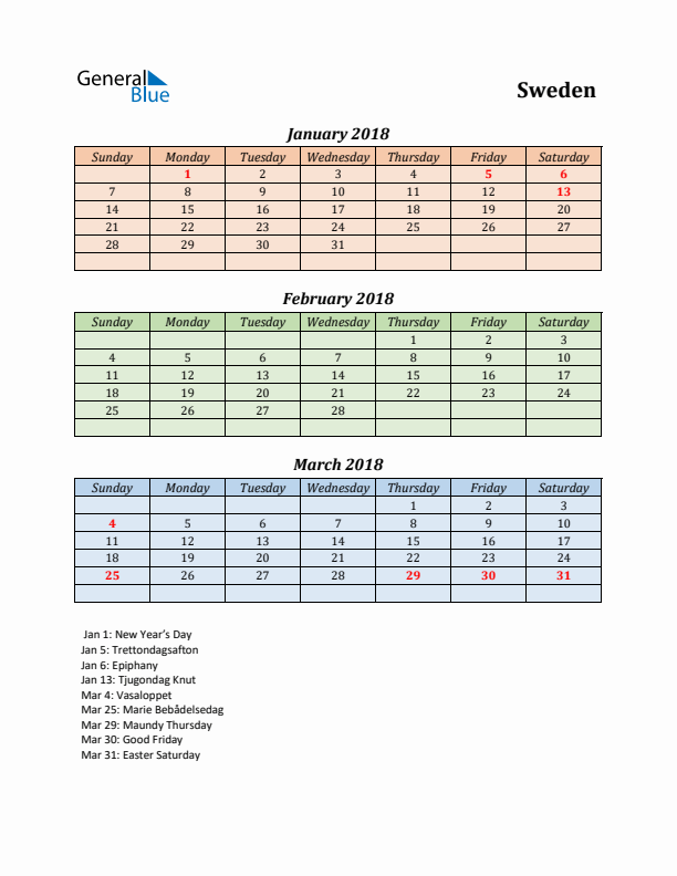 Q1 2018 Holiday Calendar - Sweden