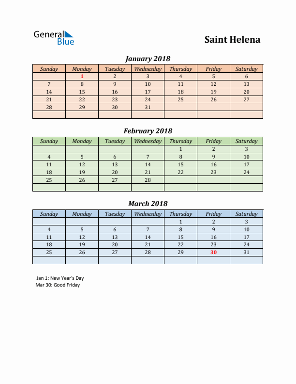 Q1 2018 Holiday Calendar - Saint Helena