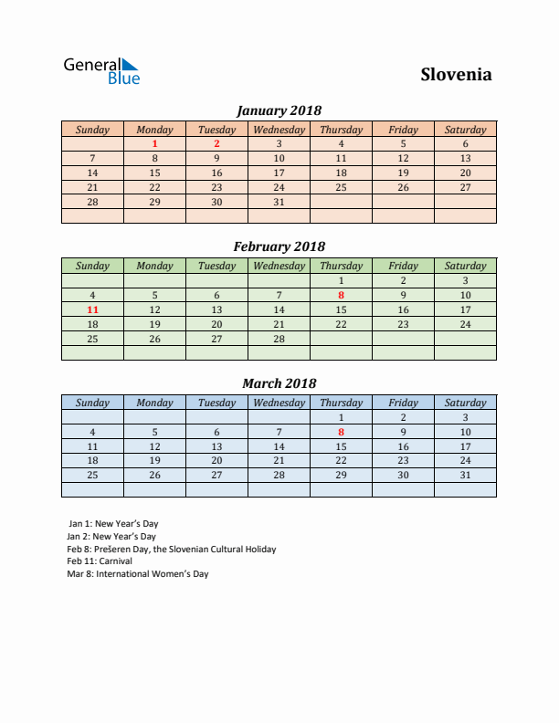 Q1 2018 Holiday Calendar - Slovenia