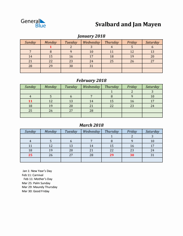 Q1 2018 Holiday Calendar - Svalbard and Jan Mayen