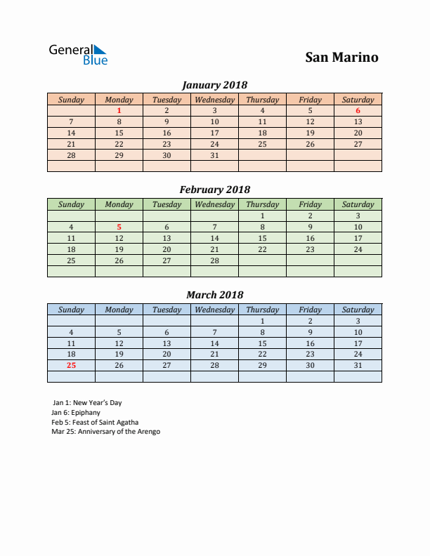 Q1 2018 Holiday Calendar - San Marino