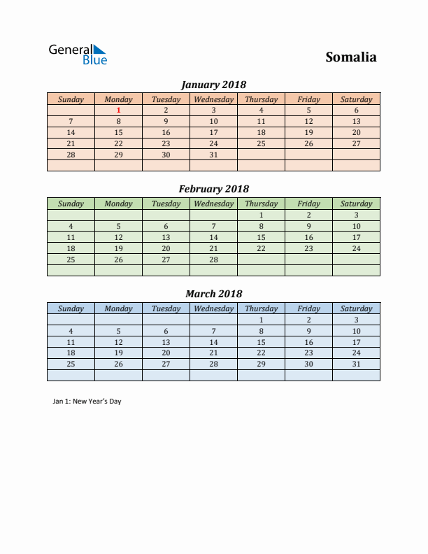 Q1 2018 Holiday Calendar - Somalia