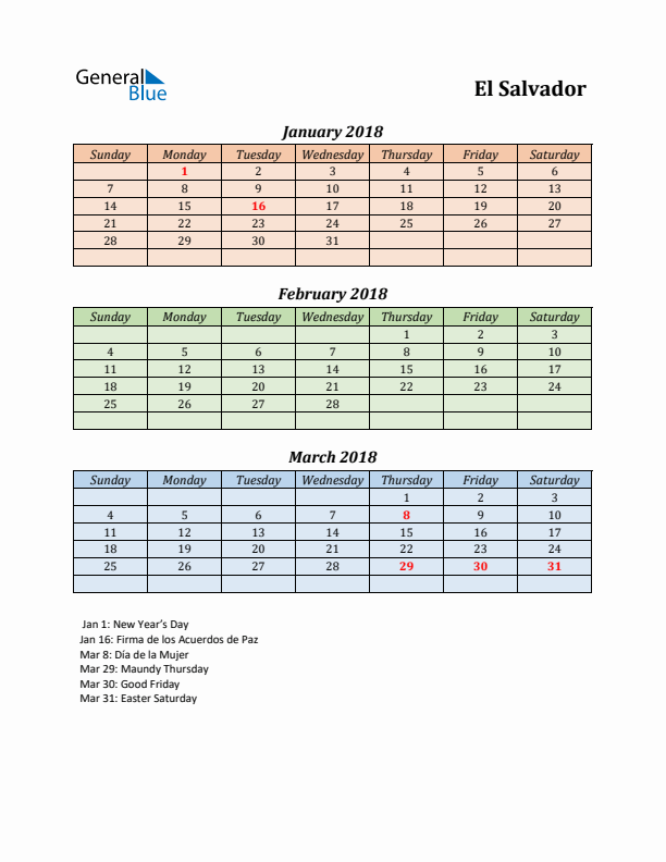 Q1 2018 Holiday Calendar - El Salvador