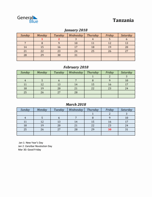 Q1 2018 Holiday Calendar - Tanzania