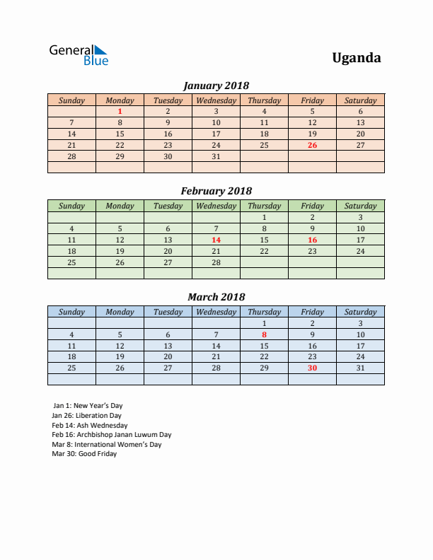 Q1 2018 Holiday Calendar - Uganda