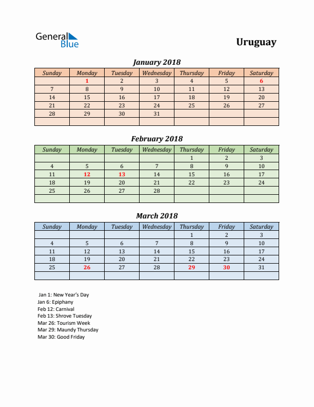 Q1 2018 Holiday Calendar - Uruguay