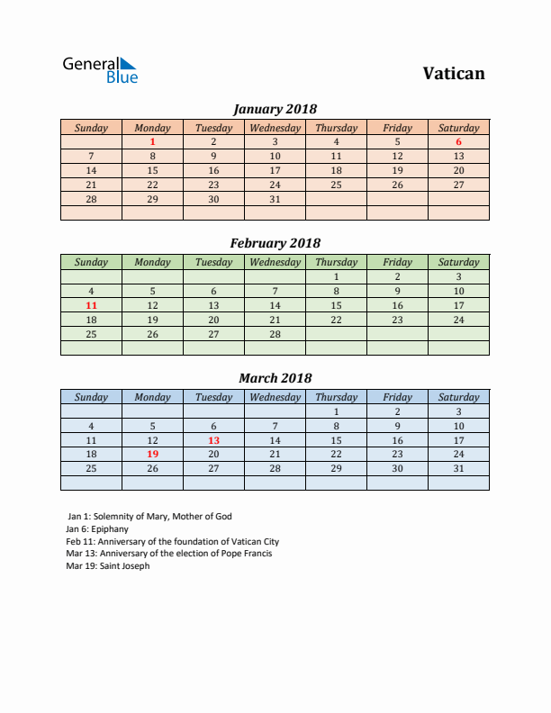 Q1 2018 Holiday Calendar - Vatican