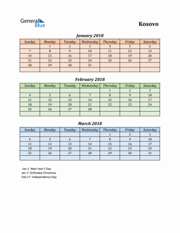 Q1 2018 Holiday Calendar - Kosovo