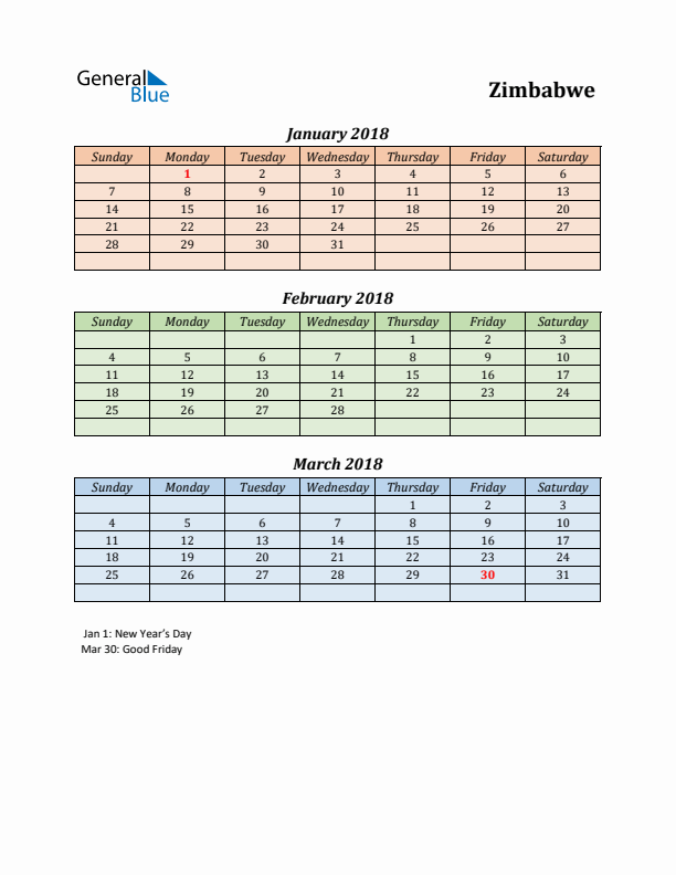 Q1 2018 Holiday Calendar - Zimbabwe