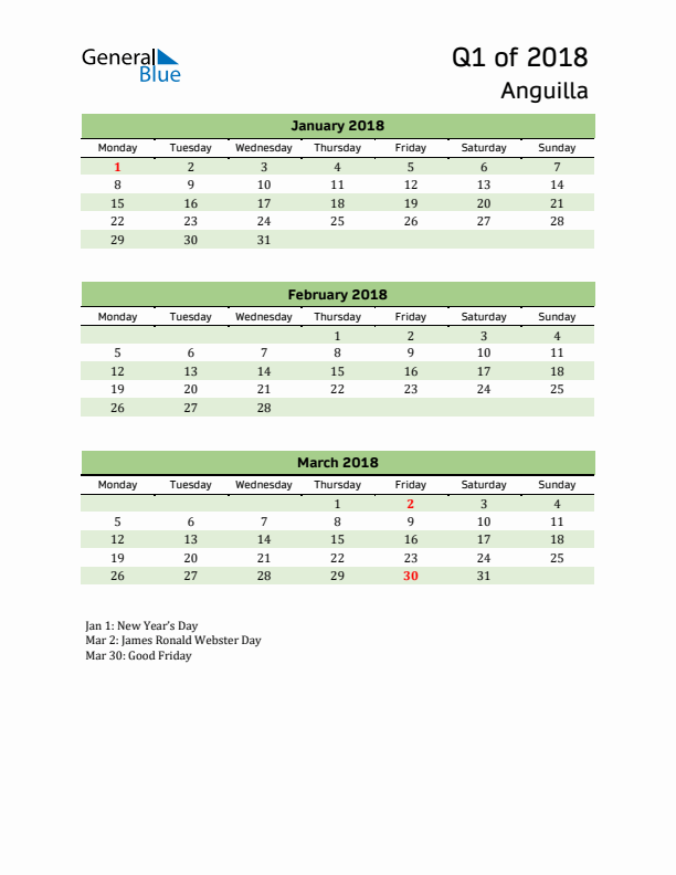 Quarterly Calendar 2018 with Anguilla Holidays