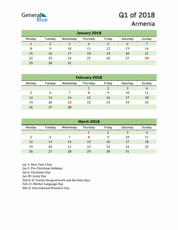 Quarterly Calendar 2018 with Armenia Holidays