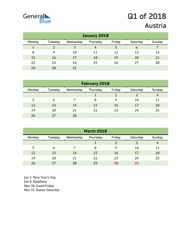 Quarterly Calendar 2018 with Austria Holidays