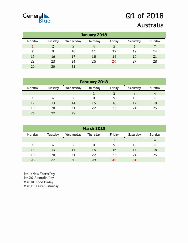 Quarterly Calendar 2018 with Australia Holidays