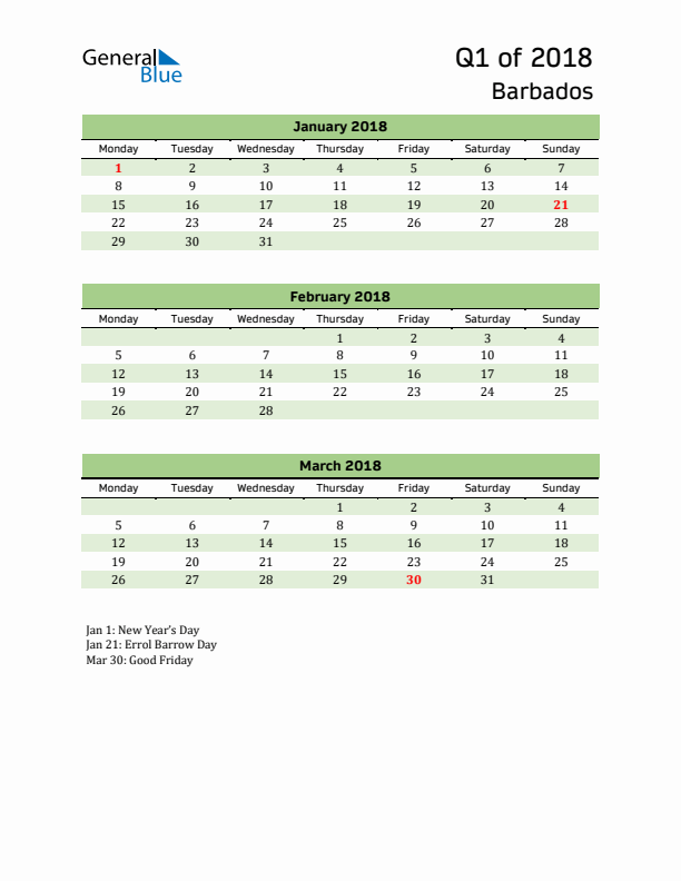 Quarterly Calendar 2018 with Barbados Holidays