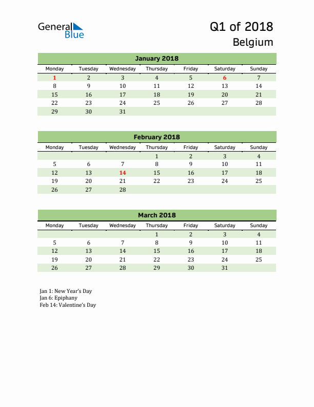 Quarterly Calendar 2018 with Belgium Holidays