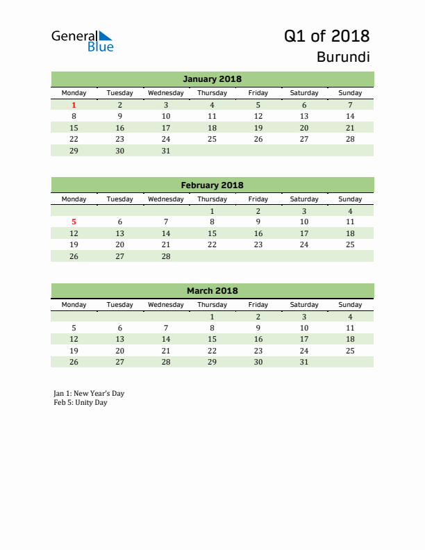 Quarterly Calendar 2018 with Burundi Holidays