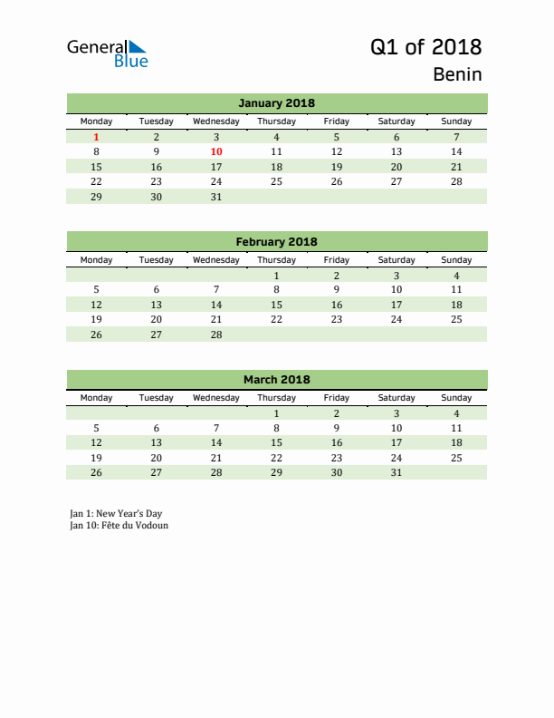 Quarterly Calendar 2018 with Benin Holidays