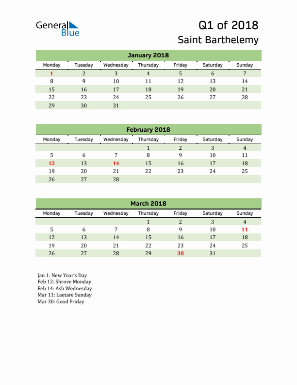 Quarterly Calendar 2018 with Saint Barthelemy Holidays