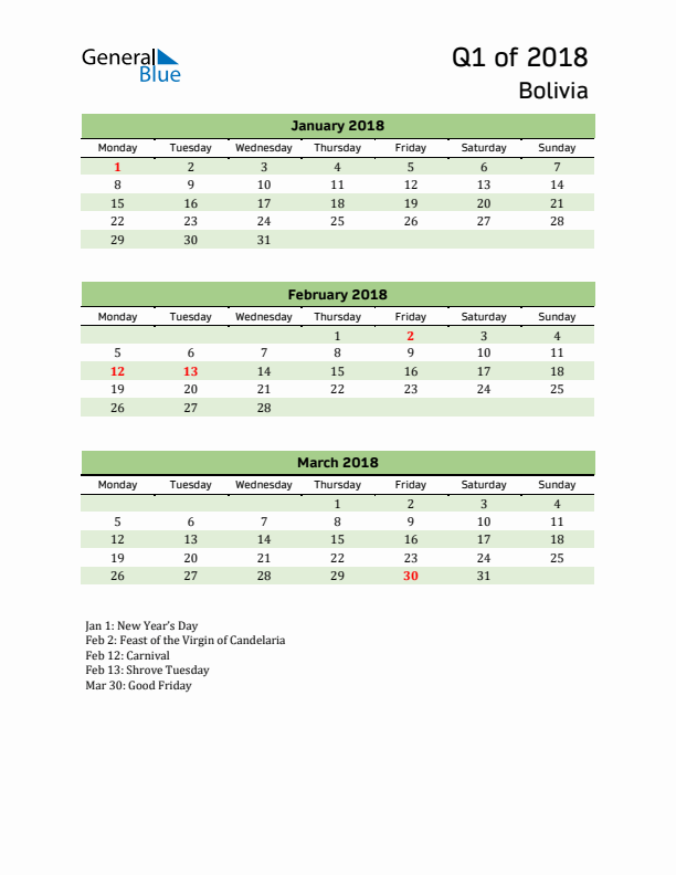 Quarterly Calendar 2018 with Bolivia Holidays