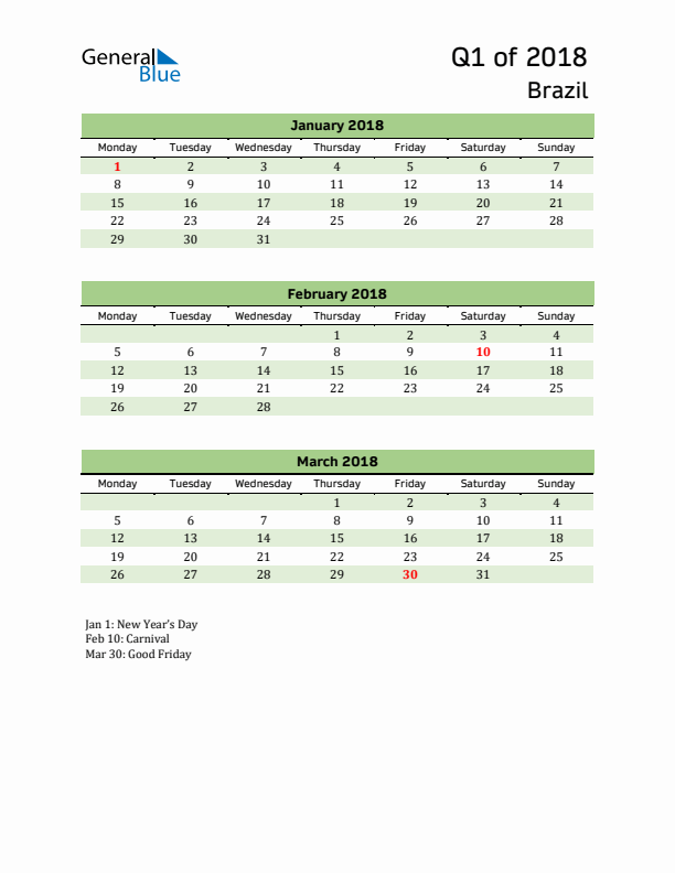 Quarterly Calendar 2018 with Brazil Holidays