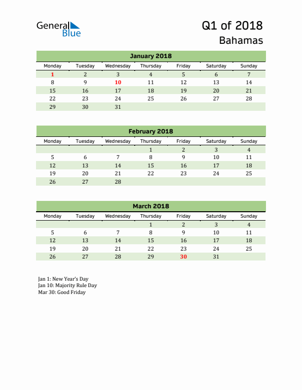 Quarterly Calendar 2018 with Bahamas Holidays