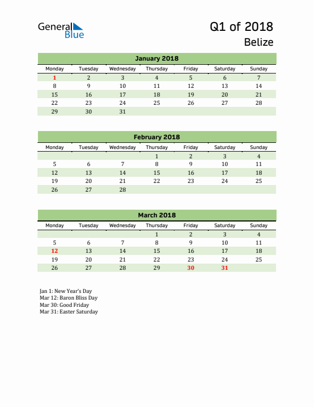 Quarterly Calendar 2018 with Belize Holidays