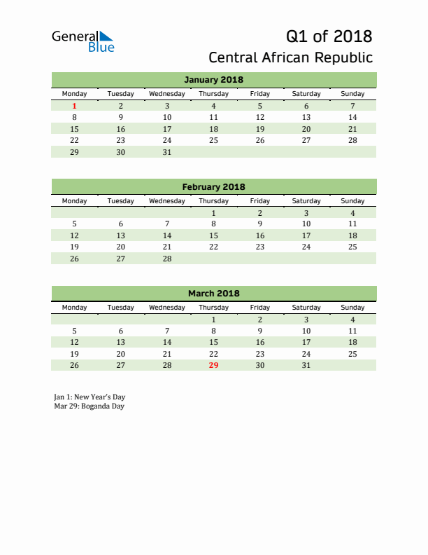 Quarterly Calendar 2018 with Central African Republic Holidays