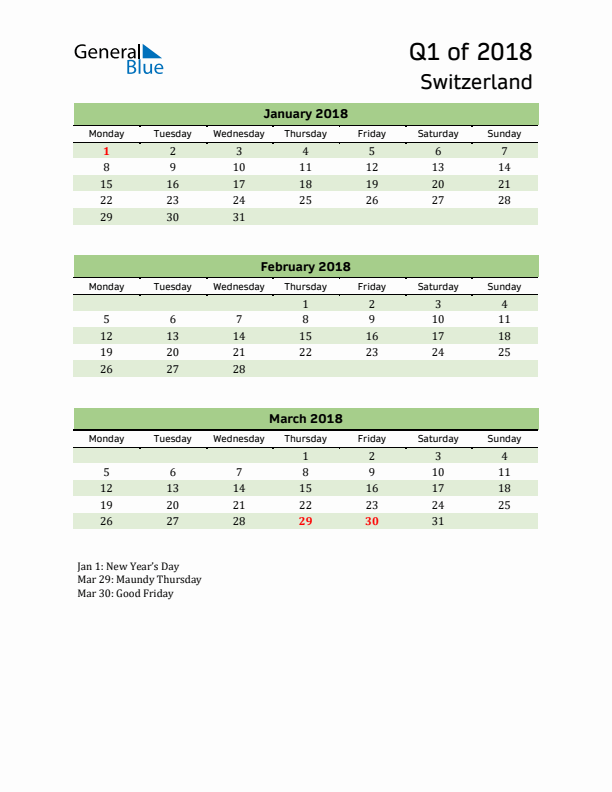 Quarterly Calendar 2018 with Switzerland Holidays