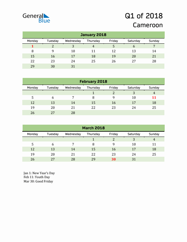 Quarterly Calendar 2018 with Cameroon Holidays