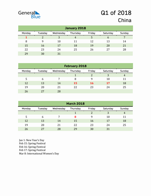 Quarterly Calendar 2018 with China Holidays