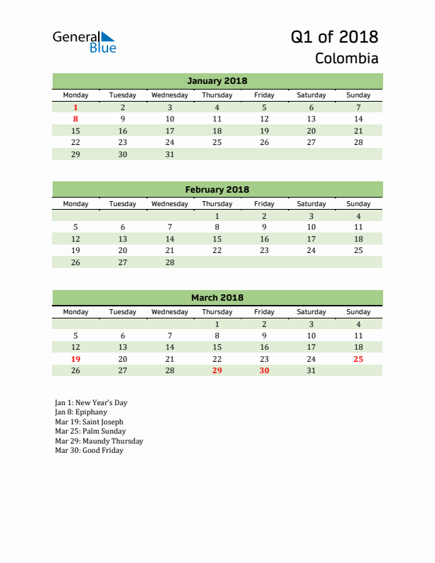 Quarterly Calendar 2018 with Colombia Holidays