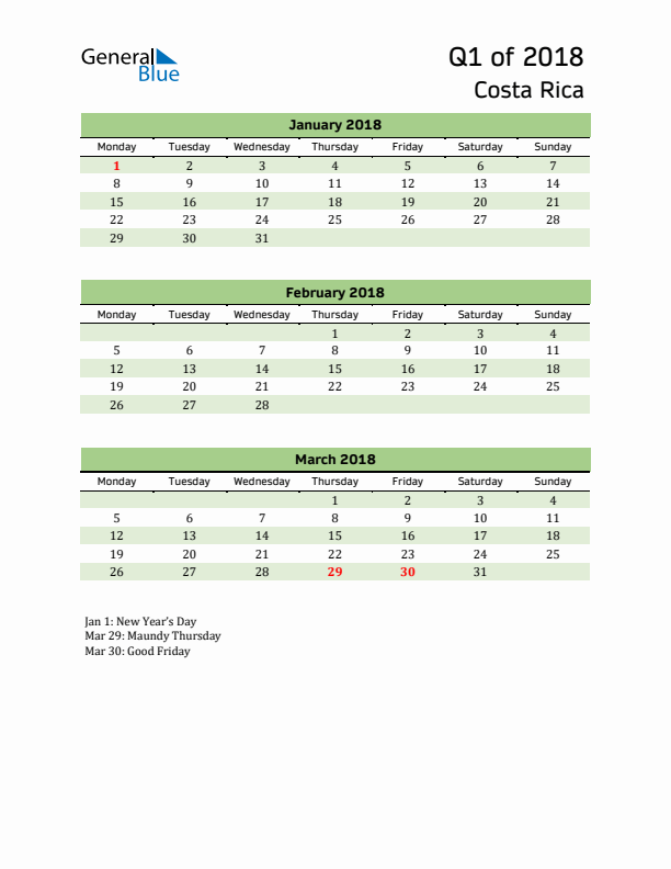 Quarterly Calendar 2018 with Costa Rica Holidays