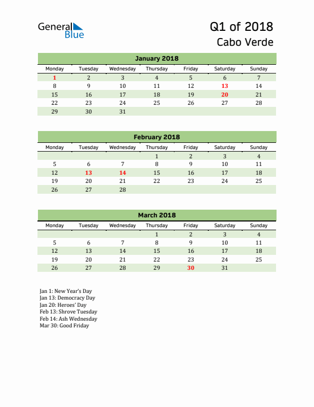 Quarterly Calendar 2018 with Cabo Verde Holidays