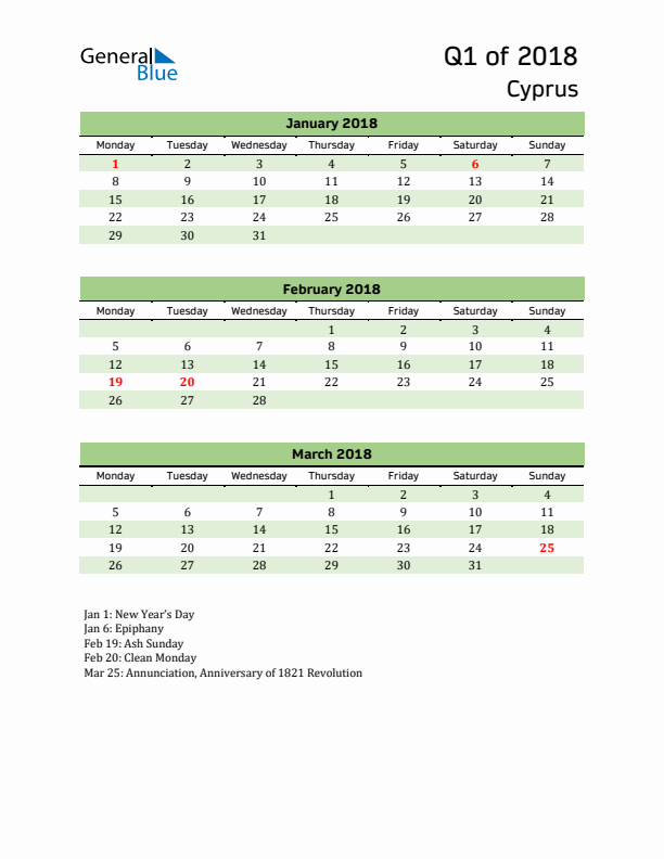 Quarterly Calendar 2018 with Cyprus Holidays