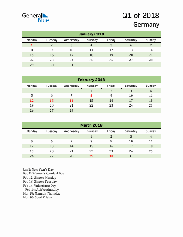 Quarterly Calendar 2018 with Germany Holidays