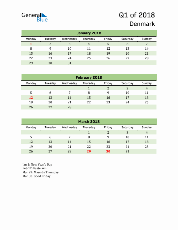 Quarterly Calendar 2018 with Denmark Holidays