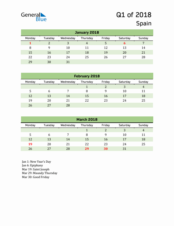 Quarterly Calendar 2018 with Spain Holidays